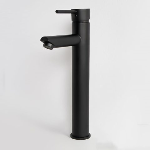 Black modern faucet against a white background.