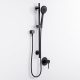 Black wall-mounted showerhead with adjustable hose and control handle.