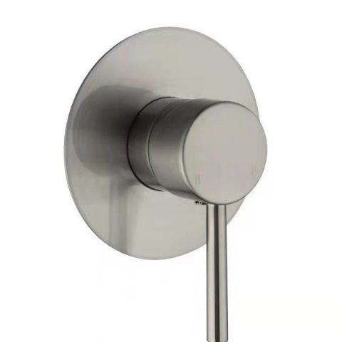 Stainless steel wall-mounted shower valve with lever handle.