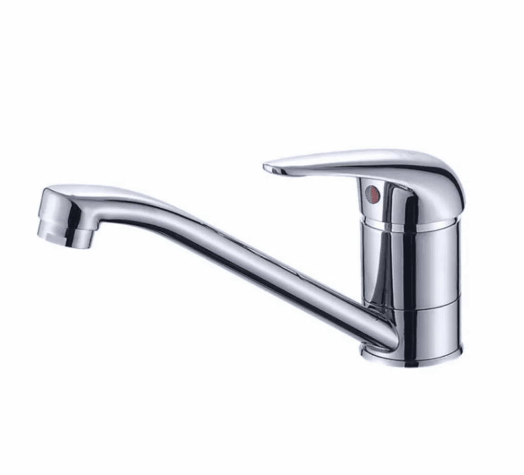 Chrome kitchen faucet with single lever handle.