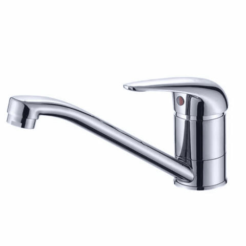 Chrome kitchen faucet with single lever handle.