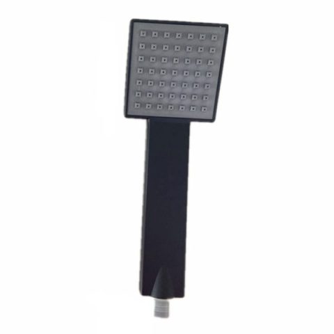 Square black handheld showerhead with multiple nozzles.