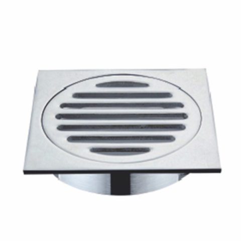 Square metal floor drain with circular slotted cover.