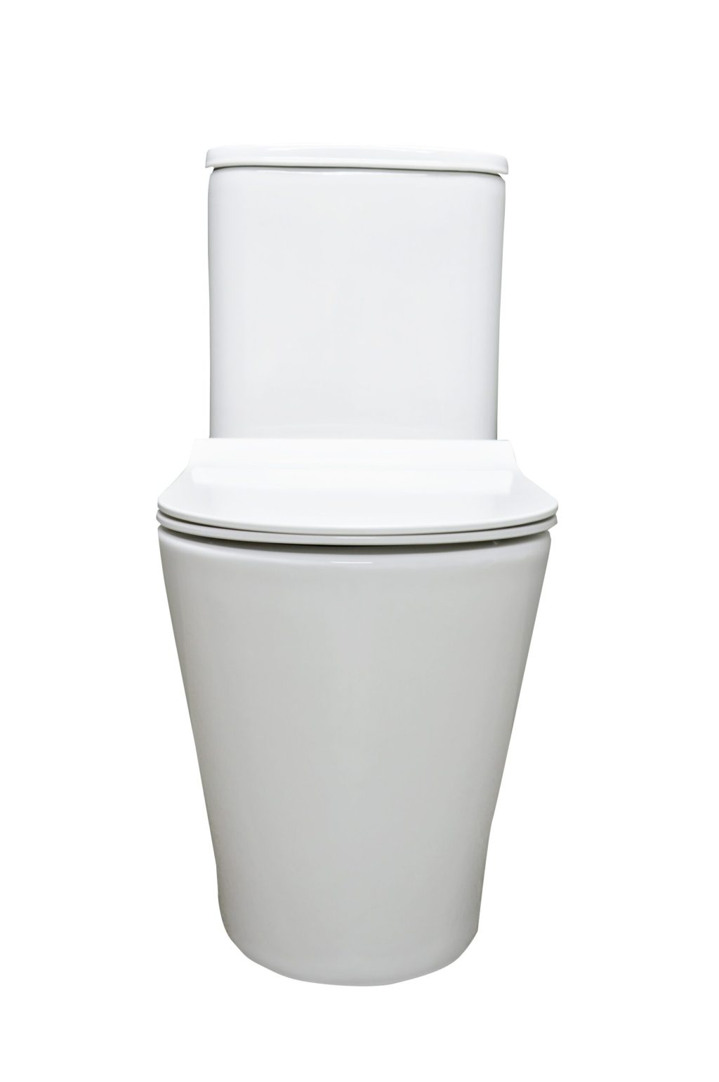 White modern toilet with closed lid, front view.