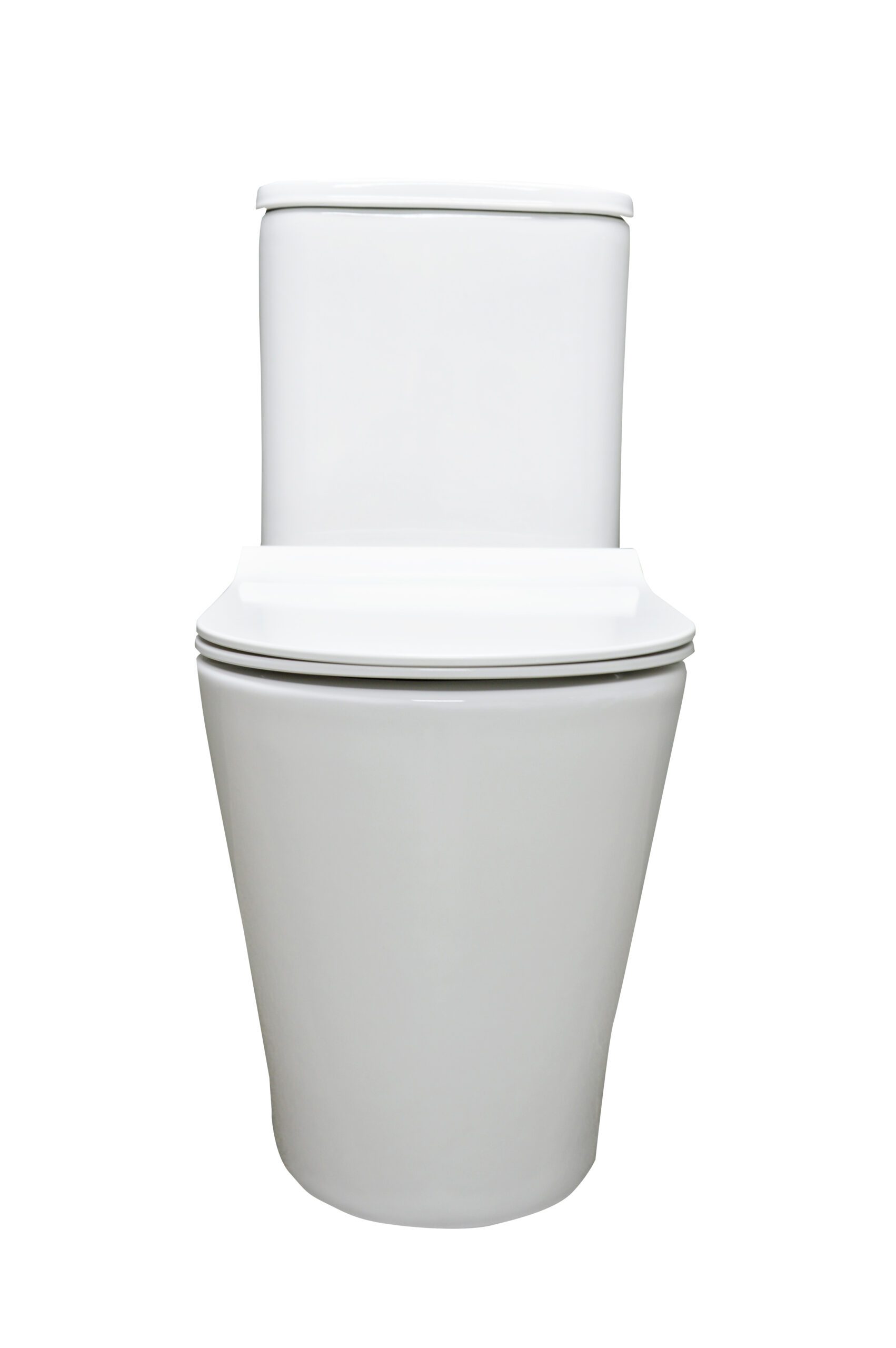 White modern toilet with closed lid, front view.