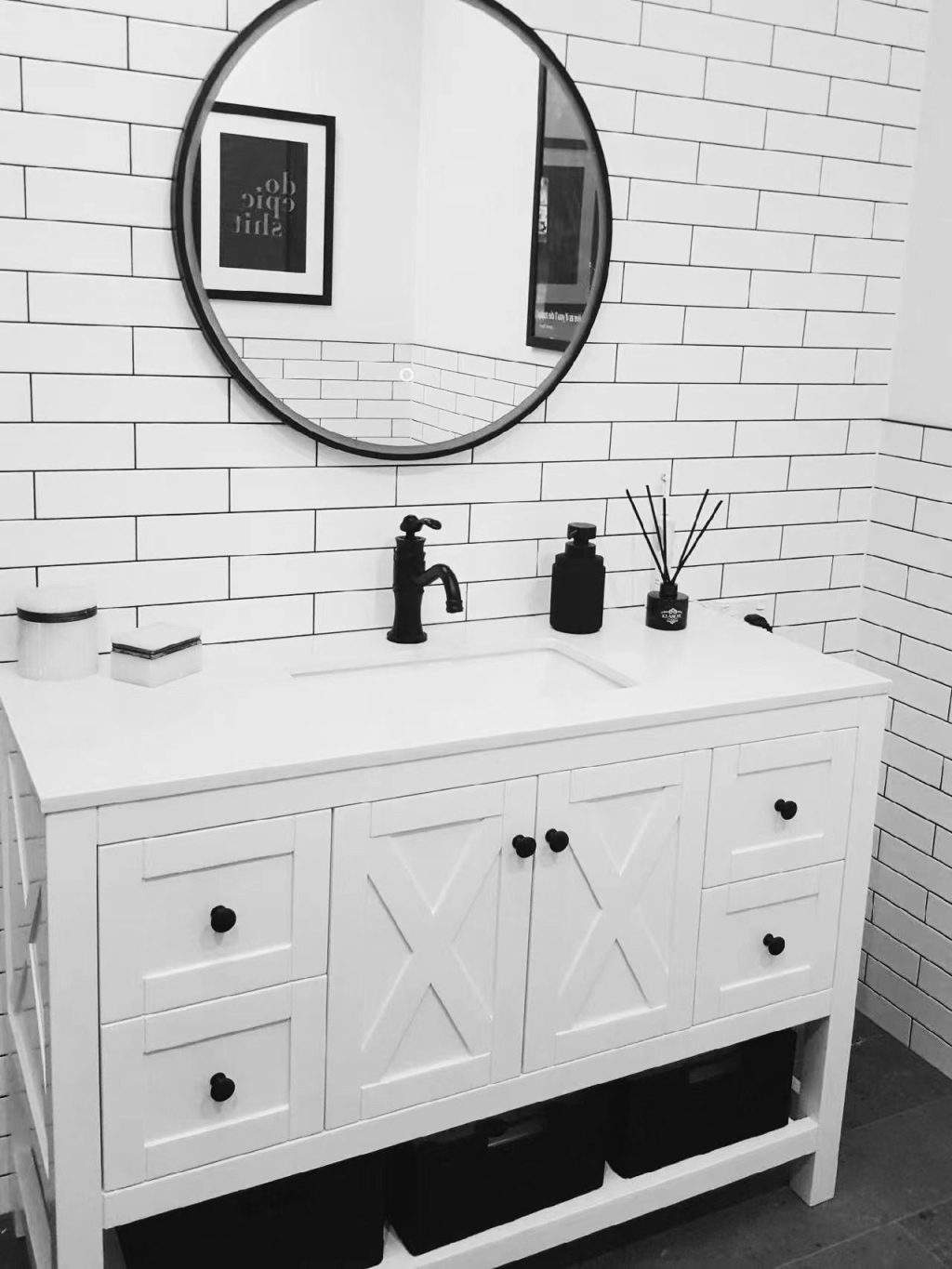 white vanity ina white tiled background