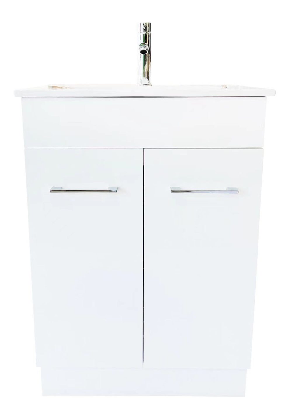 White bathroom vanity with two doors and silver handles.