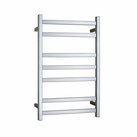 Silver wall-mounted towel rack with six horizontal bars.