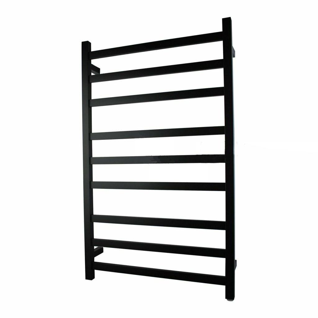 Black wall-mounted towel rack with seven horizontal bars.
