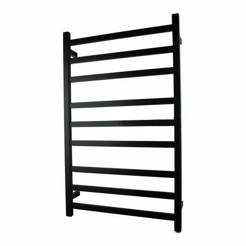 Black wall-mounted towel rack with seven horizontal bars.