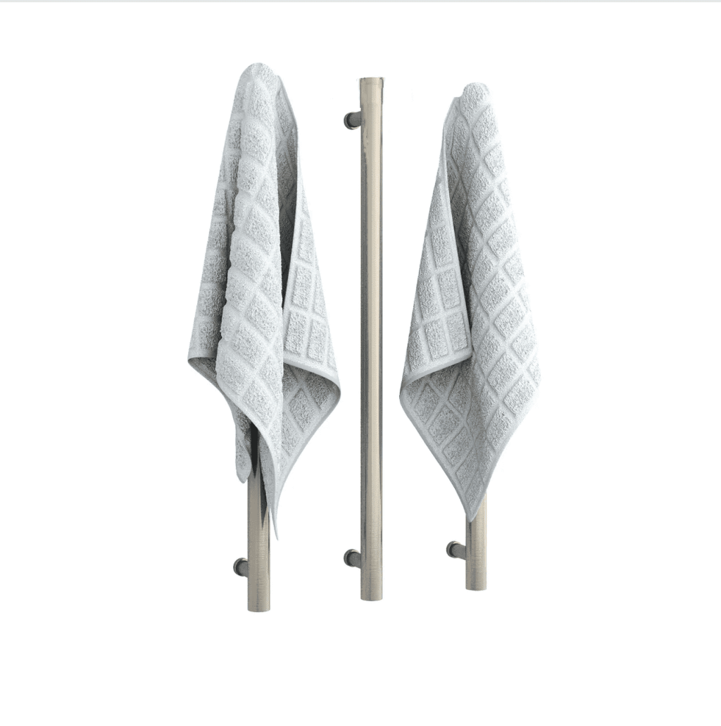 Two gray towels hanging on vertical metal rods.