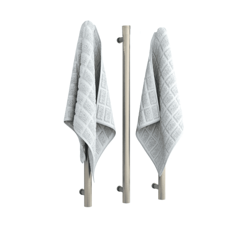 Two gray towels hanging on vertical metal rods.
