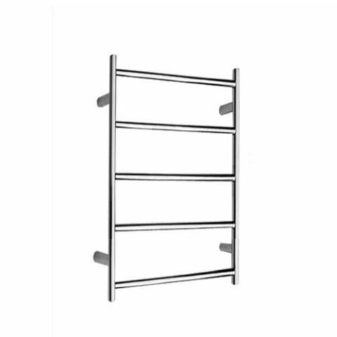 Wall-mounted chrome towel rack with five bars.