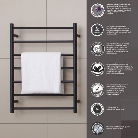 7 Bar Round Profile Heated Towel Rail – Matte Black - Image 4