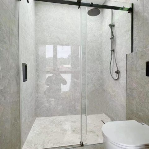 Modern bathroom with glass shower door and overhead showerhead.