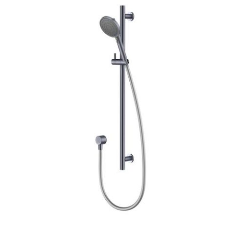 Wall-mounted showerhead with adjustable hose and sliding rail.