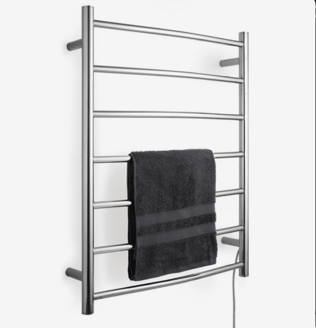 Electric towel warmer with a black towel hanging.