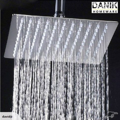 Square showerhead with water flowing, labeled "Danik Homeware."