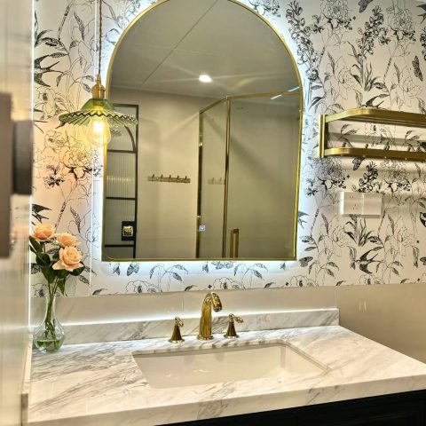 AVA Framed Arch Back-Lit LED Mirror – 550x900mm - Brushed Gold - Image 3