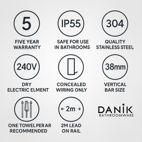 Vertical Heated Towel Rail 900mm (L) Three Round Rails Combo - Gunmetal - Image 3