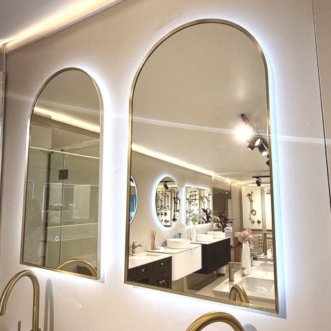 AVA Framed Arch Back-Lit LED Mirror – 550x900mm - Brushed Gold - Image 2