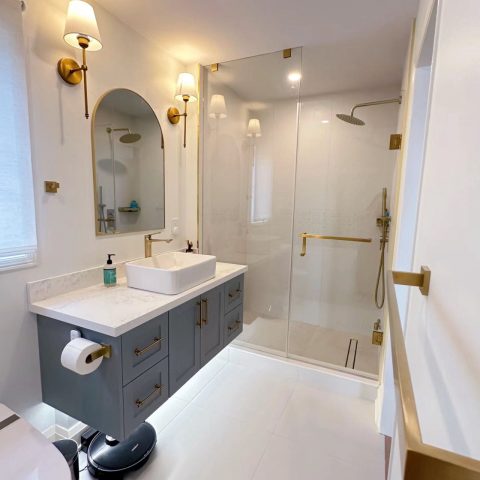 AVA Framed Arch Back-Lit LED Mirror – 550x900mm - Brushed Gold - Image 4