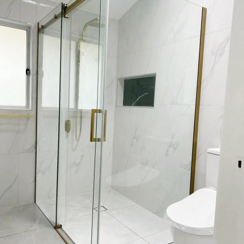Frameless Rectangle 1200wx1000dx1950hmm Brushed Gold Shower Sliding Door with Return Panel - Image 1