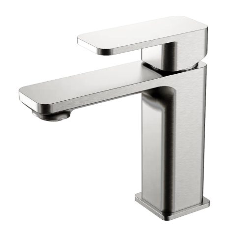 Modern stainless steel bathroom faucet with a sleek, rectangular design.