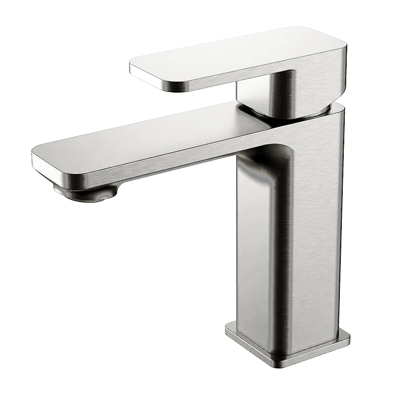 Modern stainless steel bathroom faucet with a sleek, rectangular design.