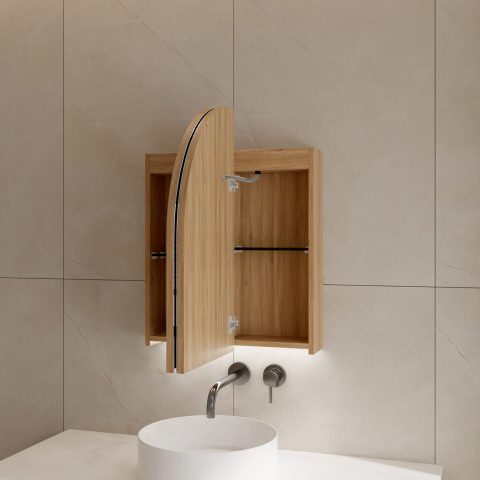 ARCURA 750mm Bottom-Lit Arch LED Mirror Cabinet with Sensor & Demister – Acacia - Image 3