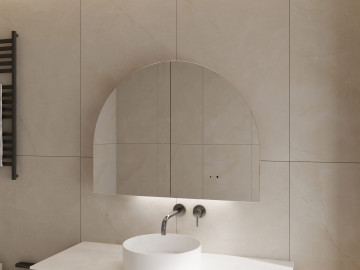 Arched mirror above a white sink with wall-mounted faucet.
