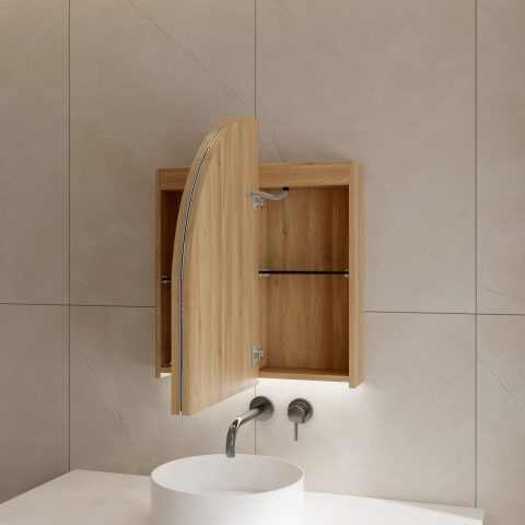 ARCURA 900mm Bottom-Lit Arch LED Mirror Cabinet with Sensor & Demister – Acacia - Image 2