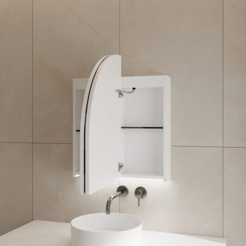 ARCURA 900mm Bottom-Lit Arch LED Mirror Cabinet with Sensor & Demister – Matte White - Image 2