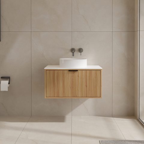 CLEARANCE: Aura 750mm Fluted Wall-Hung Vanity - Acacia - Image 1