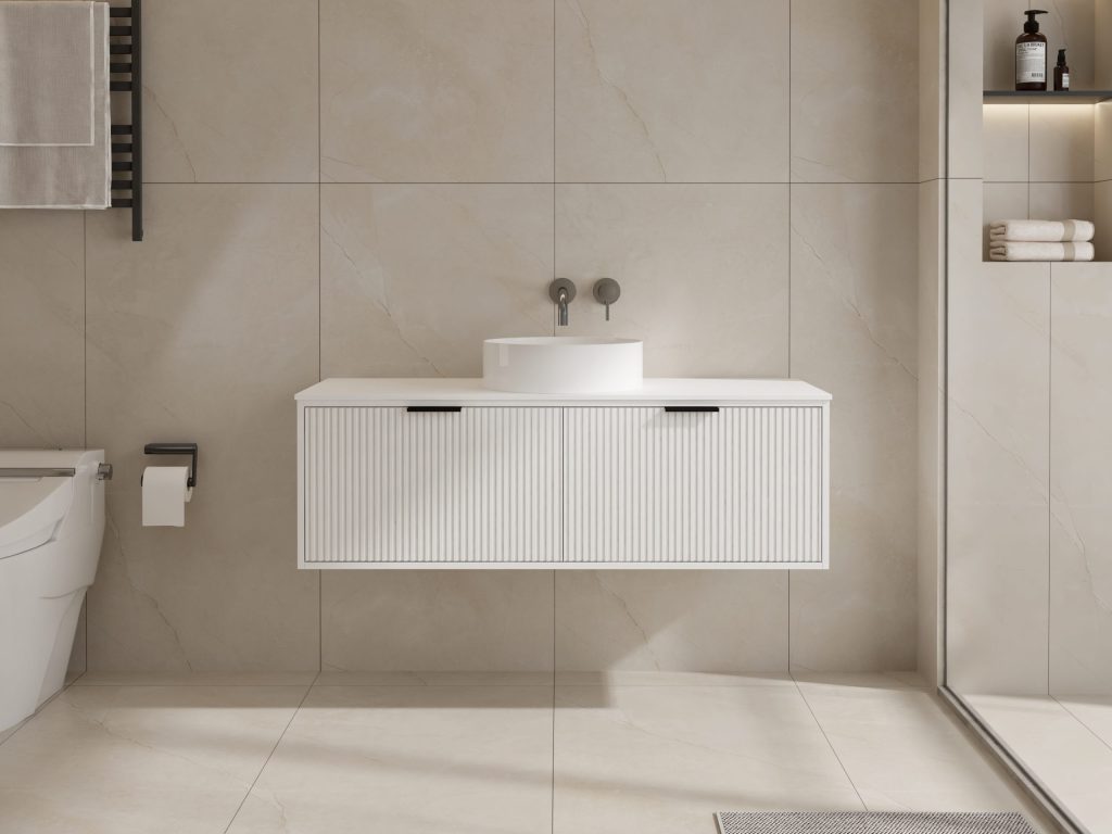 KL810975C-1200无孔-(1) Modern bathroom with wall-mounted white vanity and round sink.