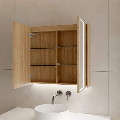 Lumina 750mm Front & Bottom-Lit LED Mirror Cabinet with Sensor & Demister – Acacia - Image 6
