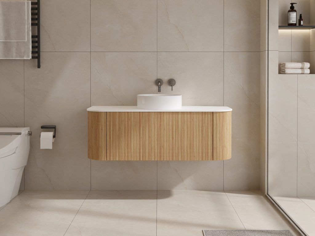 KR1200AC-B Modern bathroom with wooden vanity and white sink.