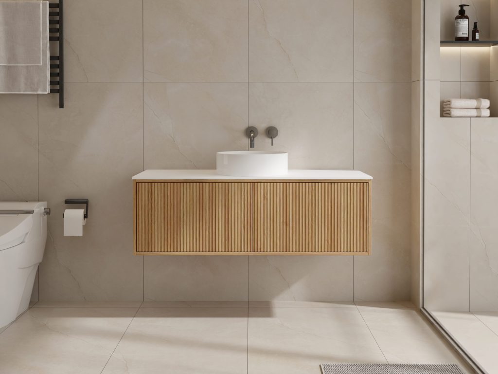 Modern bathroom with floating wooden vanity and round sink.