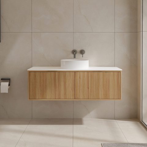 Modern bathroom with floating wooden vanity and round sink.