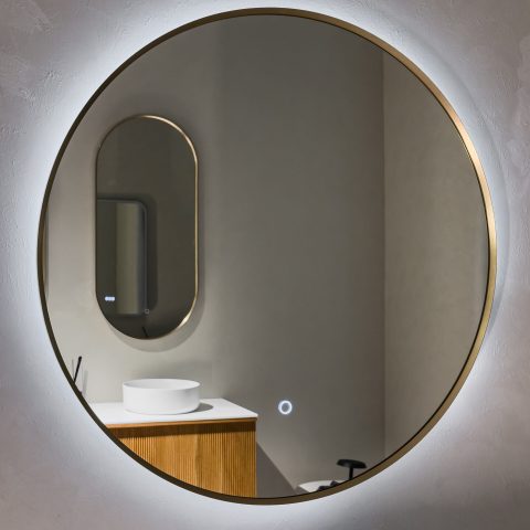 ORA Framed Round Back-Lit 800mm LED Mirror - Brushed Gold - Image 6