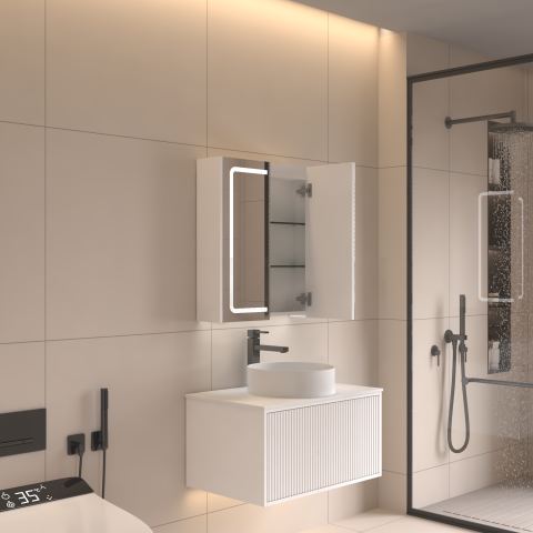 Lumina 600mm Front & Bottom-Lit LED Mirror Cabinet with Sensor & Demister – Matte White - Image 3