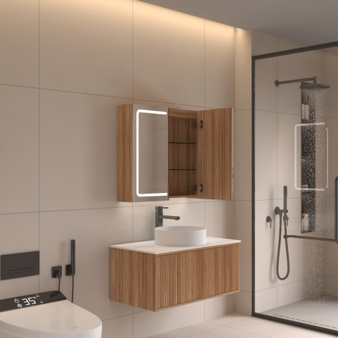 Lumina 750mm Front & Bottom-Lit LED Mirror Cabinet with Sensor & Demister – Acacia - Image 3