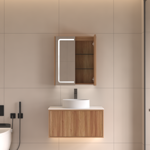 Lumina 600mm Front & Bottom-Lit LED Mirror Cabinet with Sensor & Demister – Acacia - Image 2