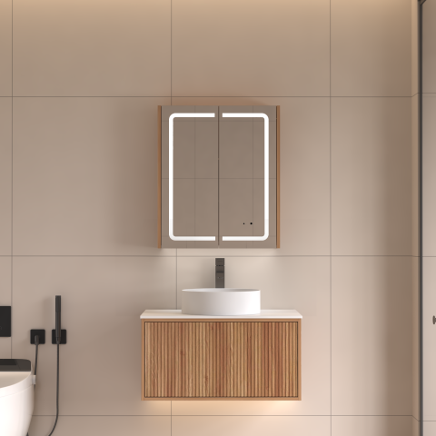 Lumina 600mm Front & Bottom-Lit LED Mirror Cabinet with Sensor & Demister – Acacia - Image 1