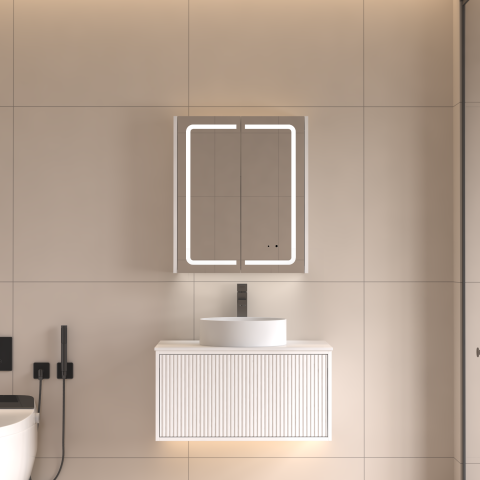 Lumina 600mm Front & Bottom-Lit LED Mirror Cabinet with Sensor & Demister – Matte White - Image 1