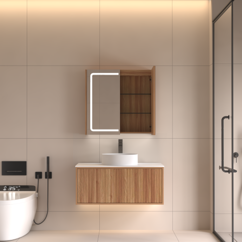 Lumina 750mm Front & Bottom-Lit LED Mirror Cabinet with Sensor & Demister – Acacia - Image 2