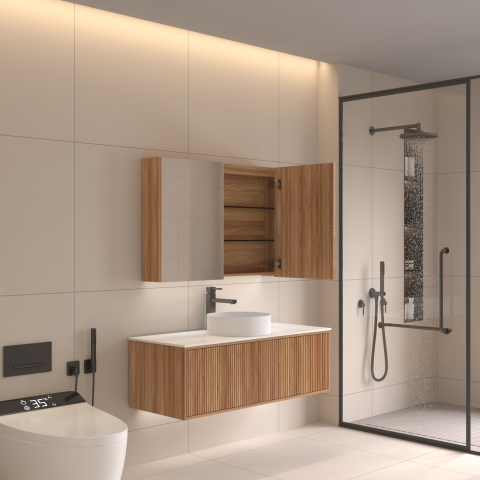 Lumina 1000mm Bottom-Lit Cabinet with Sensor & Demister – Acacia - Image 3