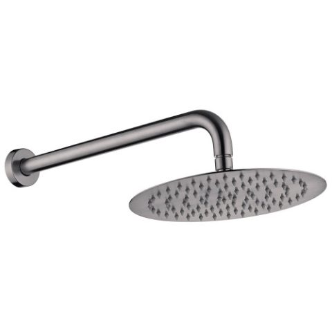 Wall-mounted stainless steel shower head with round design.
