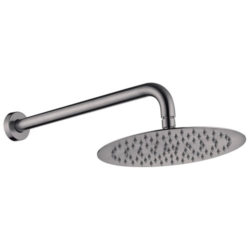 Wall-mounted stainless steel shower head with round design.