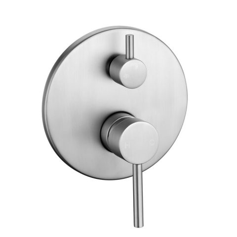 Stainless steel shower valve with two round handles.